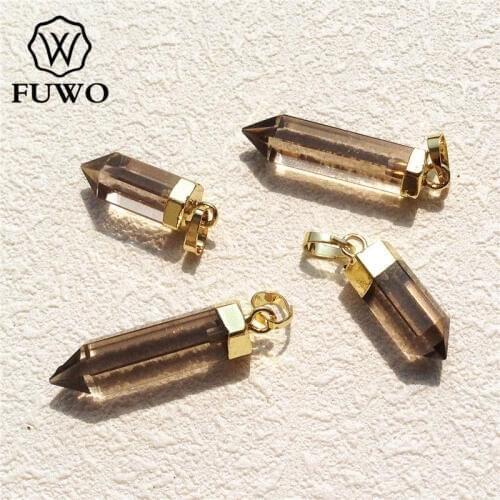 FUWO Smoky Color Quartz Point Pendant 24K Gold Electroplated High Quality Spike Shape Raw Crystals Stick Jewelry Wholesale PD118