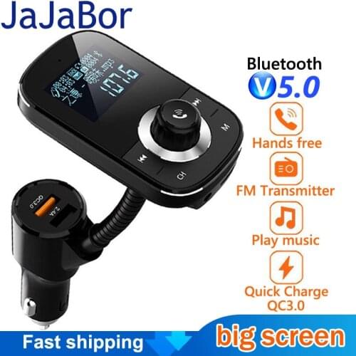 JaJaBor Bluetooth 5.0 Car Kit Handsfree FM Transmitter AUX Audio Receiver Car MP3 Player 2.4A + QC3.0 Quick Charge Car Charger