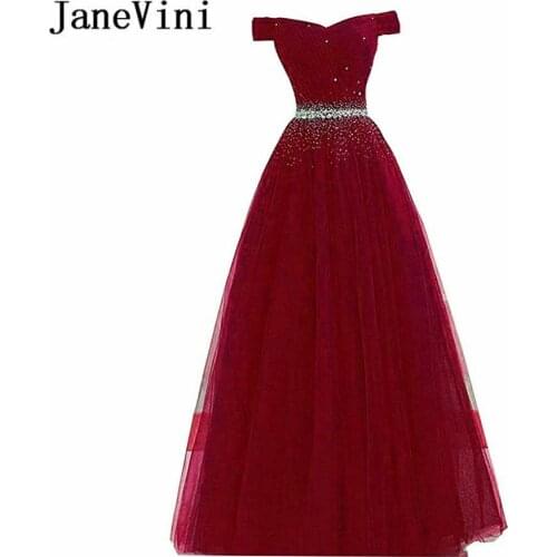 JaneVini 2019 Elegant Long Burgundy Prom Dresses A Line Off Shoulder Crystal Beaded Tulle Formal Party Gowns Robe Bal De Promo