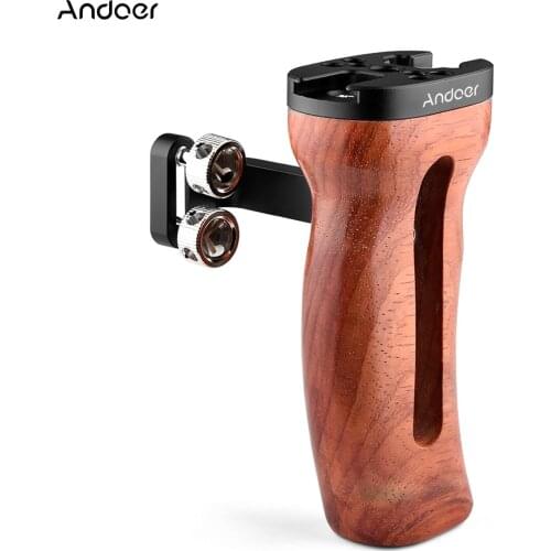 Andoer Camera Cage Wooden Handle Left/Right Side Hand Grip Cold Shoe Mount 1/4 Inch & 3/8 Inch Screw Holes Video Photography