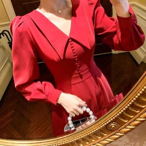 Red Elegant Christmas Dress Women Autumn Casual Retro Party Midi Dress Female Slim Hepburn Chic Korean Dress Women 2020 New
