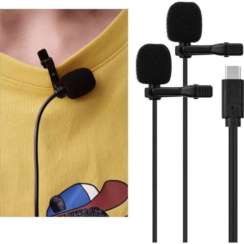 Lavalier Lapel Microphone Clipon Omnidirectional Mic Dual Head with Foam Windsceen Carrying Pouch for Interview Conference Video
