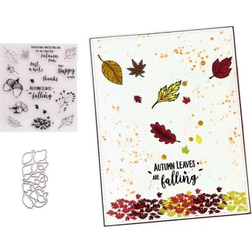 Leaves Phrase Metal Cutting Dies and Clear Rubber Stamps for DIY Scrapbooking Crafts Card Make Photo Album Sheet Decoration