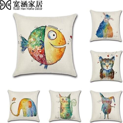 Cute Fish Pillowcase Soft Cat / Sheep / Elephant Print Throw Pillow Case Cushion Cover Chair Seat Linen Pillow Cover Home Decor