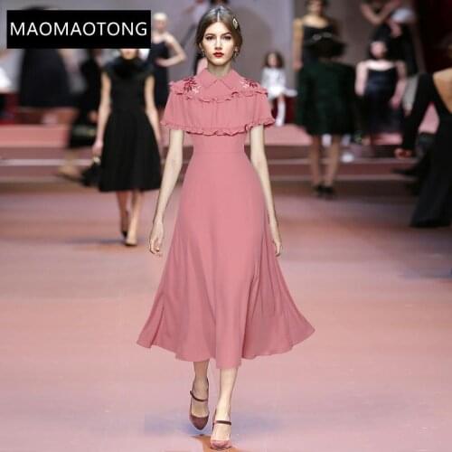 Fashion Designer Dress Summer Womens Dress Turn-down Collar Embroidery Ruffle Elegant Pink Party Midi Dress