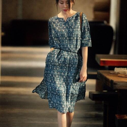 Printing And Dyeing Flowers Thin And Hemp Thin Vent Seven Part Sleeve Dress Waistline 190728