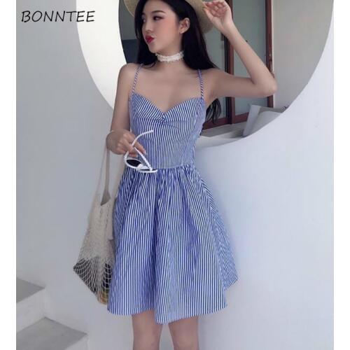 Dress Women Spaghetti Strap Striped A-Line Mini Sexy Sleeveless V-Neck Korean Casual Ladies Vintage Daily Womens Leisure Fashion