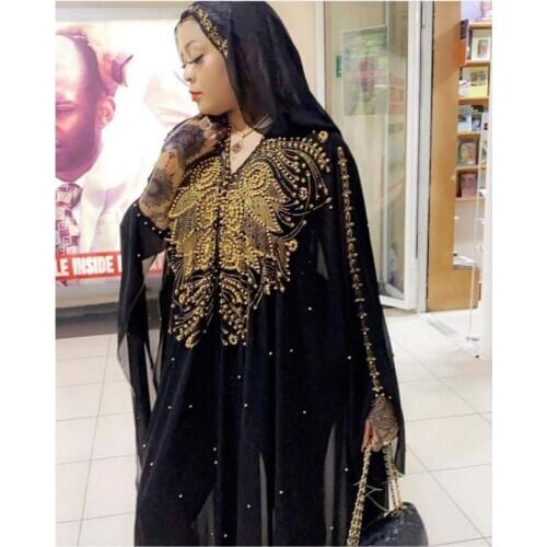 Plus Size African Dresses for Women Dashiki Diamond Beads African Clothes Abaya Dubai Robe Evening Long Muslim Dress Hooded Cape