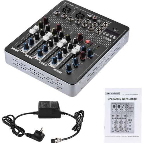 Professional 4-Channel Mic Line Audio Mixer Mixing Console with 3-band EQ 48V Phantom Power USB Interface