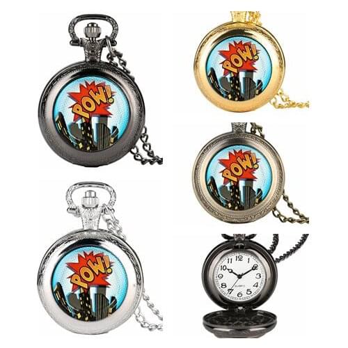Retro Mens Necklace Pocket Watch POW City Design Pocket Watch for Boy Quartz Arabic Numeral Pocket Watches for Teenager