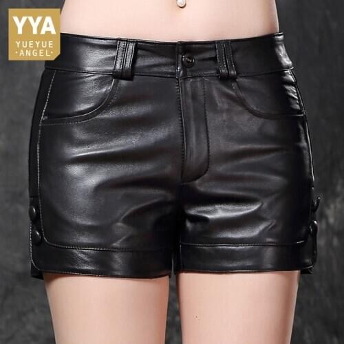 Sexy Women Sheepskin Hot Mini Shorts Plus Size 4XL Button Ladies Casual Slim Fit Genuine Leather Shorts Trousers Female Short