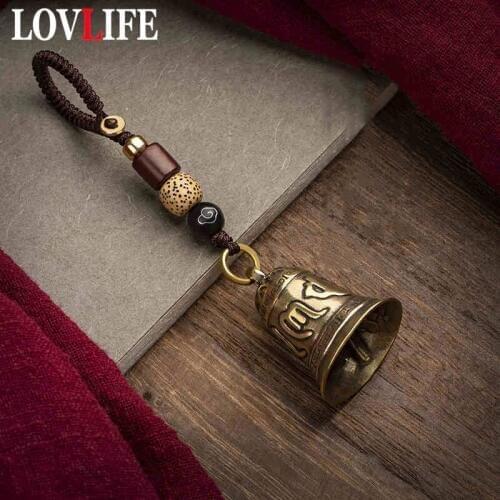 Vintage Brass Tibetan Buddhism Six-word Mantra Bell Keychains Lanyard Pendants Handmade Rope Car Key Chain Rings Hanging Jewelry