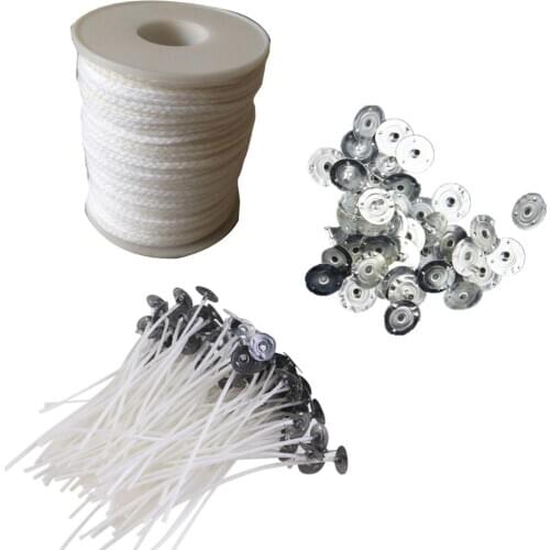 61M 1 Roll Candle Wicks Core 100PCS Metal Candle Sustainer Tabs Candles Making Tools Set for DIY Soy Paraffin White Woven Coil