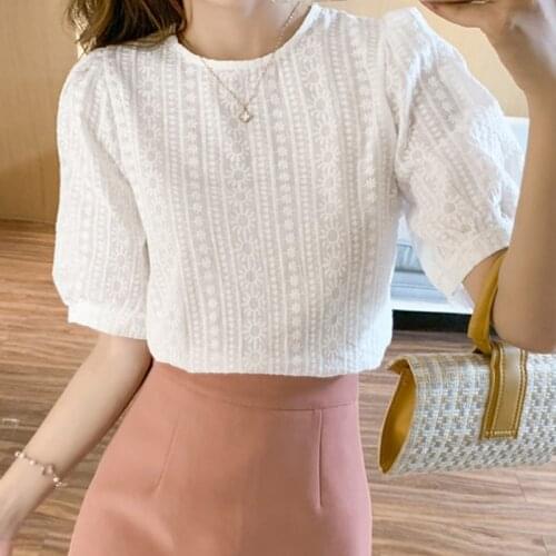 LJSXLS Blusa Mujer Fashion O Neck White Womens Casual Clothing 2021 Summer Blouses Women Vintage Embroidery Puff Sleeve Tops