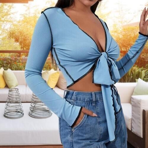 Ladies Sexy Bow Bandage Low Chest Deep V Neck Blue Stamping Long Sleeve Blouse Shirt 2021 Spring Summer Women Casual Clothes