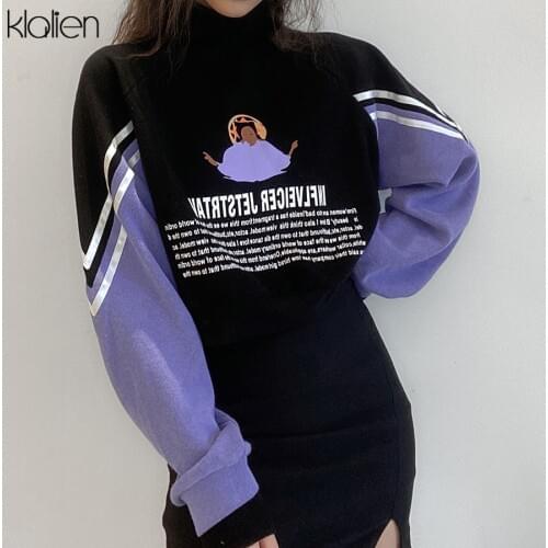 KLALIEN Autumn Fashion Long Sleeve Turtleneck Letter Patchwork Women Hoodie New 2020 Casual Loose Wild Basic Female Sweatshirt