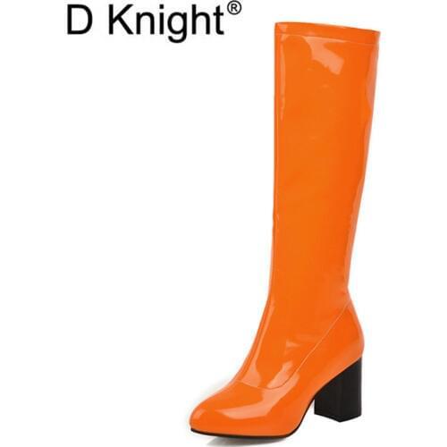D Knight Womens Shoes Knee High Boots Big Size Brand Women Shoes Patent Leather Women Antumn Winter Boots High Heel Shoes Woman