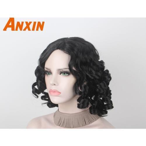 Anxin 2020 New Kinky Curly Black Modern Wig New Arrival Female low Temperature Silk Synthetic Bob Wig Girl Cosplay Party Wig