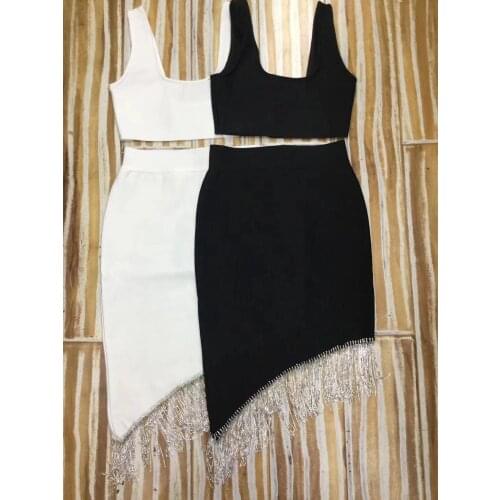 2019 Summer Sexy Midi Bodycon Dress Women Sleeveless Lady Dress Beading Bandage Party Dresses White 2 Pieces Set Female Clubwear