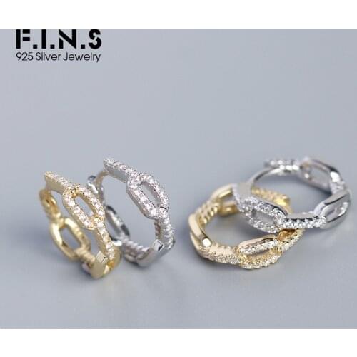 F.I.N.S Vintage Authentic 925 Sterling Silver INS Link Chain CZ Earring Small Ear Buckle Silver 925 Hoop Earrings Minimalist