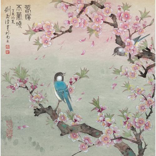 Classical Chinese peach blossom tree bird scenery oil painting canvas printings printed on canvas wall art decoration picture