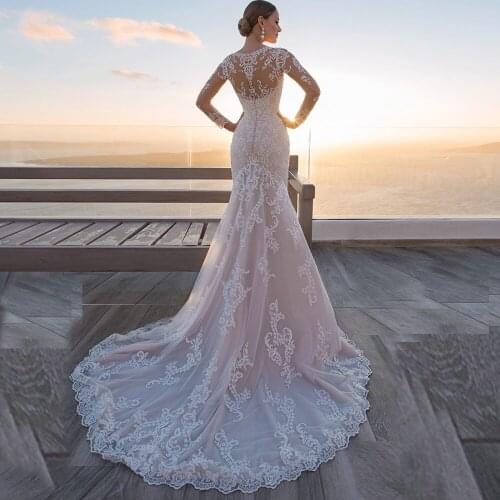 Mermaid Lace Tulle Wedding Dresses for Bridal Sexy V-neck Long Sleeve White Ivory Sweep Train Wedding Gowns