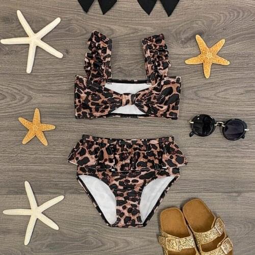 Summer Toddler Infant Baby Kids Girls Bow Ruffle Leopard Printed Straps Swimsuit Tops Shorts Swim Bikini Set Bathing Suit#p4