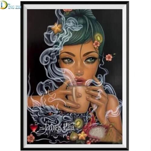 Cartoon Girl 5D Diamond Painting Drill Square Coffee Cup 5D Diamond Embroidery Rhinestone Abstract Dragon Picture Mosaic Beaded