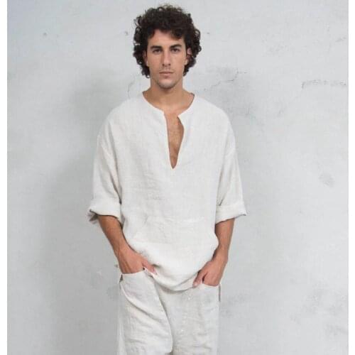 Middle East Muslim Men Shirt Linen Flare Sleeve Loose Style Breathable Tops for Male Islamic Medieval Ranger Knight Outfits