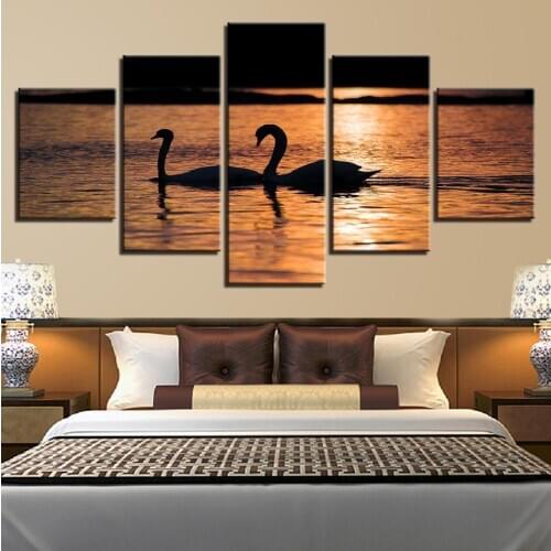 Animals Poster Wall Art 5 Pieces Swans In The Lake Swim Sunset Scenery Canvas Painting Home Decor Modular Pictures No Frame