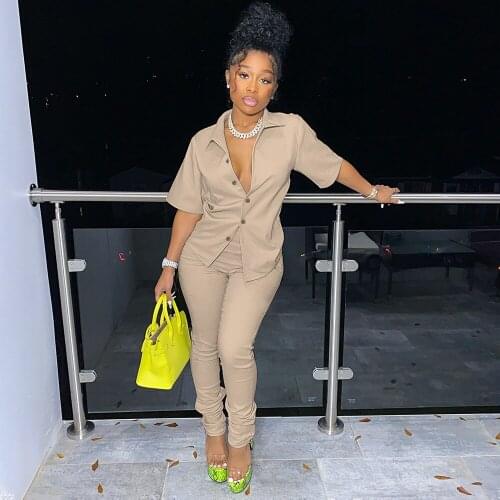 2021 New Fashion Womens Set Short Sleeve Turn Down Collar Button Blouse Shirt and Stacked Jogger Sweatpant Workout Sport Suit