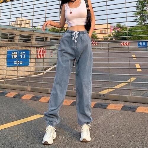 Brand New Women Solid Color Loose Jeans Spring Ladies Casual Style Drawstring Pocket High Waisted Denim Pants Streetwear (Blue)