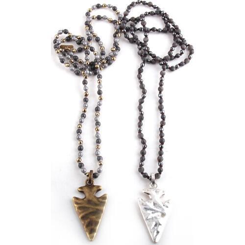 RH Fashion Bohemian Tribal Jewelry 4mm Semi Precious Stone Hematite Long Knotted Metal Arrowhead Pendant Necklaces