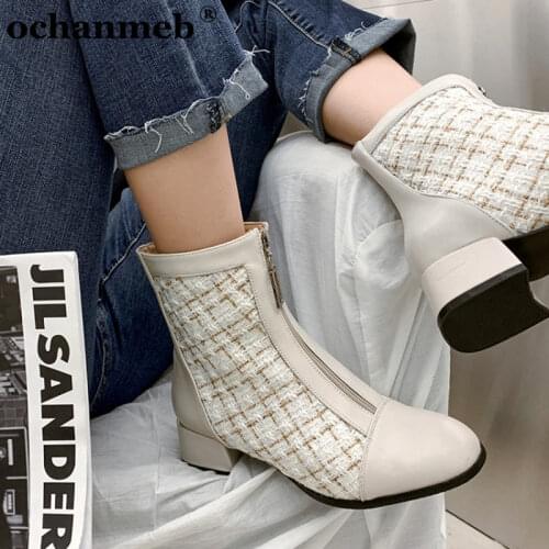 Ochanmeb big plus size 48 luxury brand designer boots shoes woman block heels front zipper tweed boots beige casual shoes women