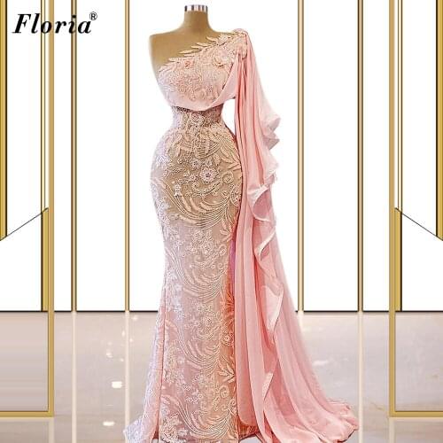 Dubai Pink Prom Dresses Long Mermaid Fairy Cocktail Dresses Evening Wear One Shoulder Lace Celebrity Dresses Party Robe Femme