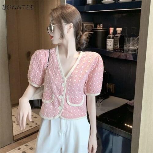 Shirts Women Summer Straight Casual Classic Pockets Polka Dot Kawaii V-neck Harajuku Ulzzang Vintage All-match Ins lady crop top