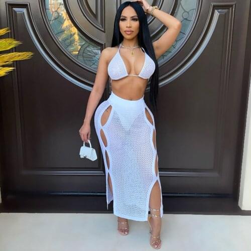 Crochet Womens Sexy Knitted Suit Hollow Out Beach Two-piece Skirt Suit 2021 Fashion Summer Bra Crop Top +split Skirt Women Sets