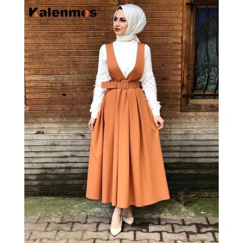 High Waist Skirts Women Muslim Two Shoulder Strap Skirt A-line Maxi Pleated Skirts with Straps Islamic Muslim Suspender Skirt