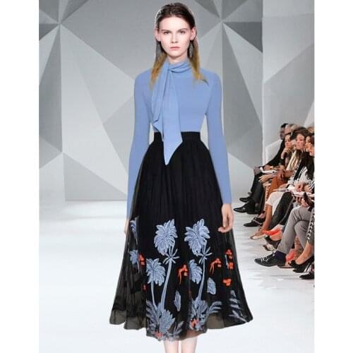 Women Chic Sweet Blue knitting Bow Lace Up Long Sleeve Blouse Tops&Black Mesh Elastic Waist Flower Embroidery Skirt 2 Piece Set
