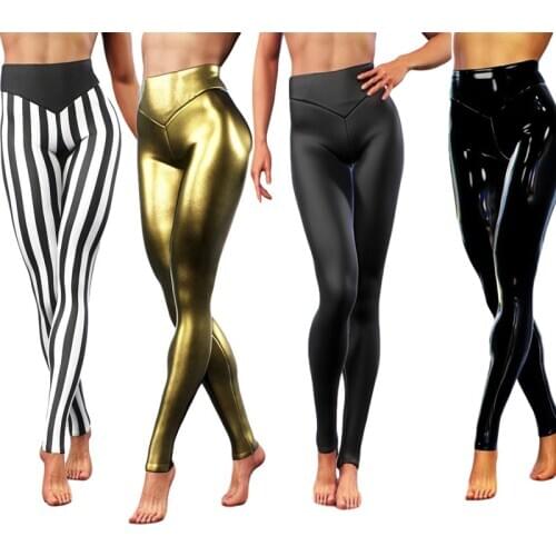 2021 Women Pencil Leggings Bright PU Leather Skinny High Elastic Waist Push Up Gold Metallic Fitness Punk Rock Trouser Plus Size