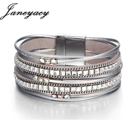 2018 Fashion Hot Magnetic Buckle Multilayer Bracelet & Bracelet Women Bohemian Pearl Crystal Leather Bracelet Woman New Pulseira