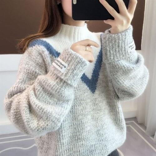6 Colors Half Turtleneck Knitted Sweater Imitation Mink Cashmere Loose Color block Pullover 2021 Autumn Knit Jumpers Pull Femme