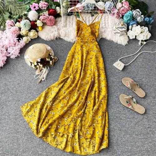 Women Chiffon Sexy Suspenders Backless Dress 2020 Summer Floral Cross Strap Vacation Simia Beach Dress Female Robe Longue Z111