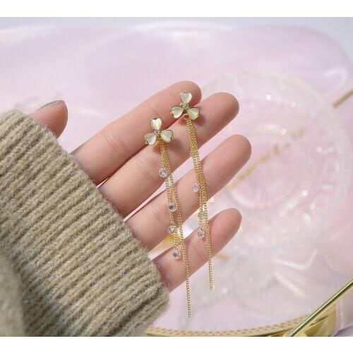 14k Real Gold Plated Fashion Jewelry Opal Petal Clover Zircon Tassel Long Elegant Earrings for Woman Shine Holiday Daily Earring