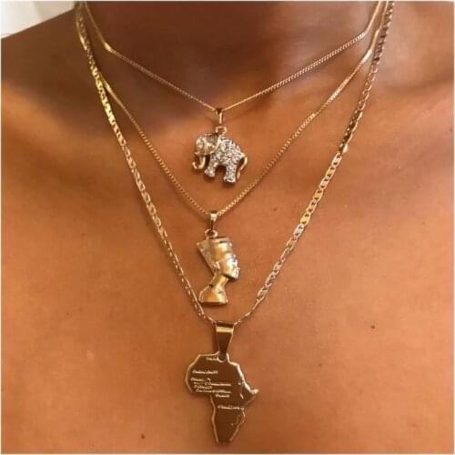 3 Pcs/Set Boho Vintage Crystal Elephant Pyramid Ancient Egyptian Pharaoh Map Pendant Multilayer Gold Necklace Punk Lady Jewelry