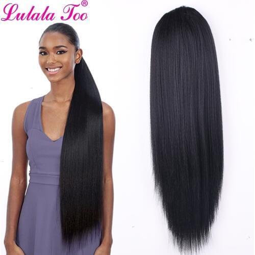 30inch Long Synthetic Yaki Black Straight Drawstring Ponytail With Clips in Hair Extension For Women