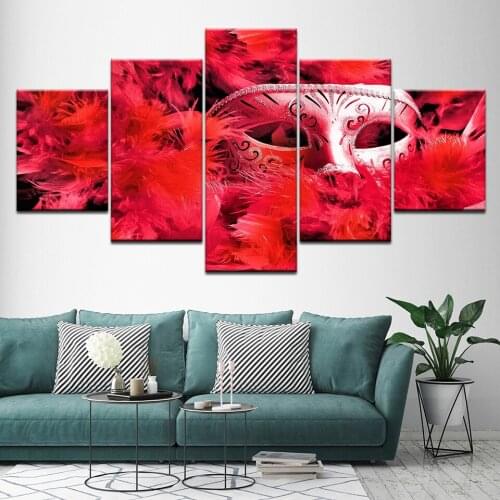 5 panel Modular Framed HD Printed Wall Art Feather mask Pictures For Living Room Home Decor Canvas print Oil Painting Artwork