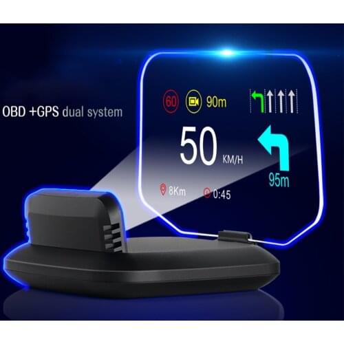 Car Navigation HUD OBD2+GPS Dual Mode MPH Speedometer Water Oil Temp RPM Head Up Display Windshield Projector Smart Auto System