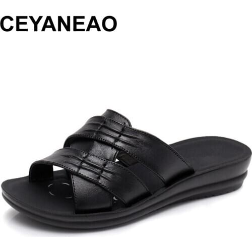 CEYANEAOSummer Mother High Quality Soft Leather Slippers Women Soft Large Size Pregnant Slippers Ladies Casual SandalsE1000