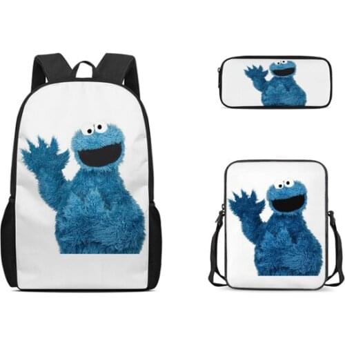 Customizable childrens schoolbag 3-piece backpack cartoon Sesame Street COOKIE MON childrens schoolbag shoulder bag pencil bag